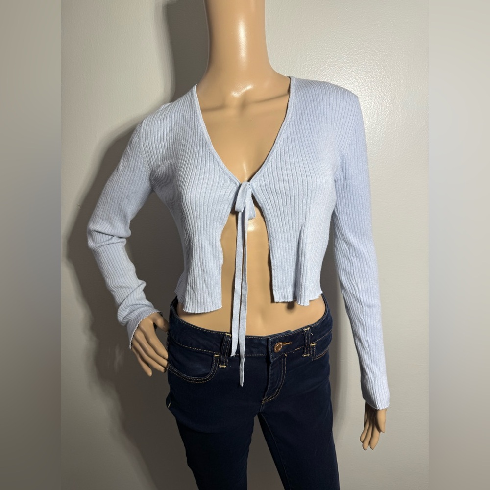 Garage Light Blue Front Tie Ribbed Women’s Cardi Cropped Size‎ P/Small - Picture 3 of 11